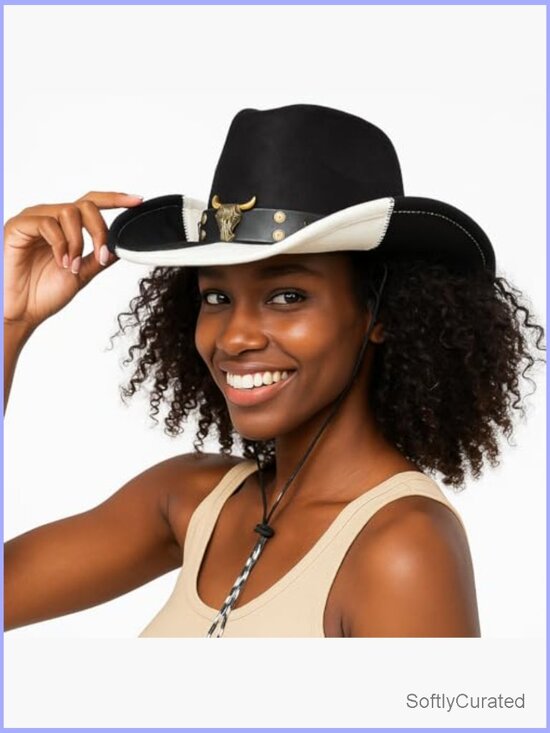 Wide Brim Cowboy Hat with Chinstrap Western Cowgirl Hat for  display picture 2
